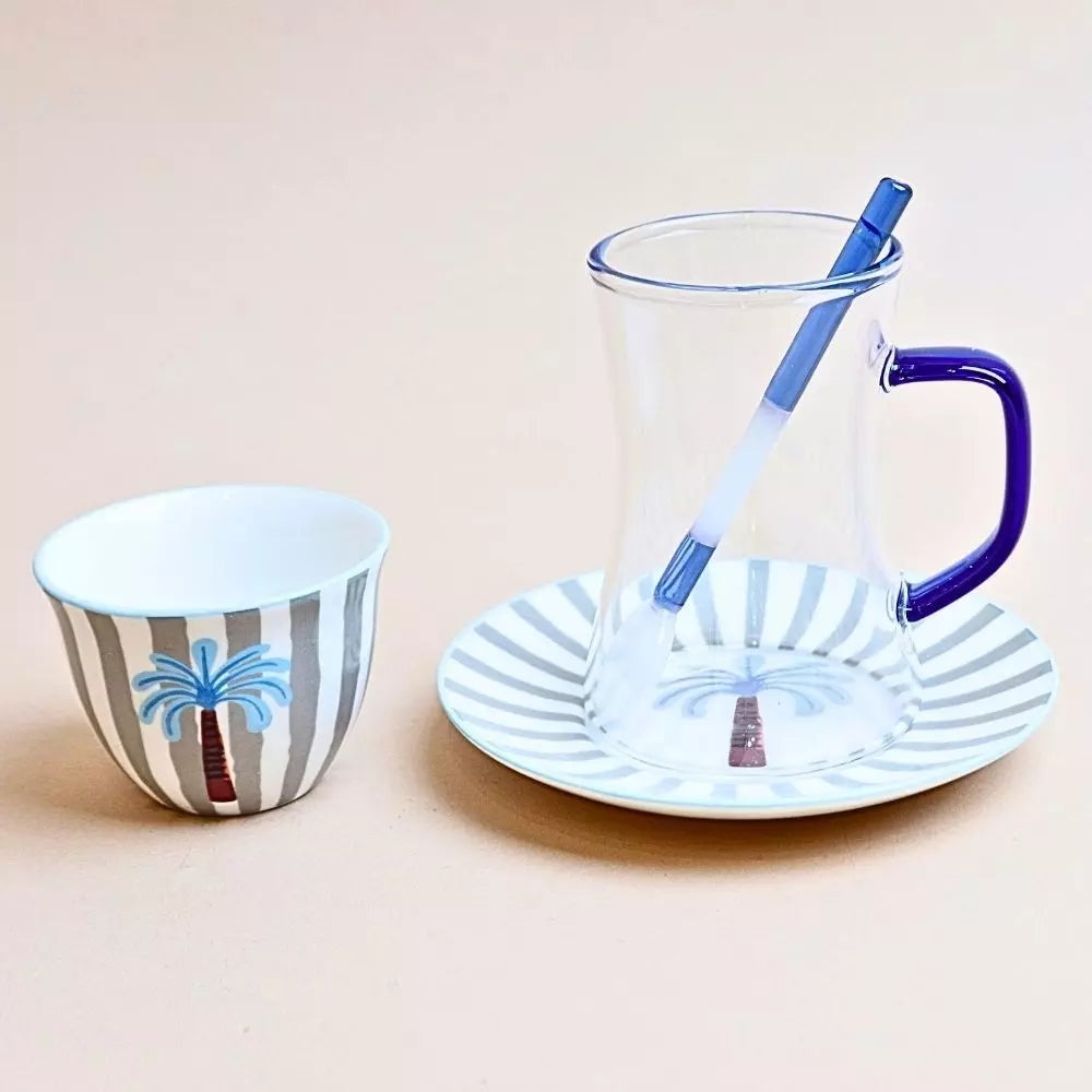 طقم استكانة وفناجين مخططة مع صحن وملعقة – 24 قطعة ( أخضر)