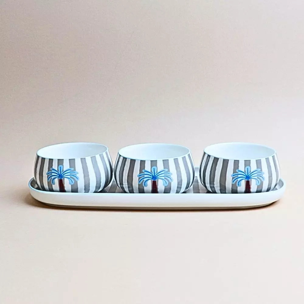 صينية بيضاوية مخططة مع 3 سلطانيات – رمادي