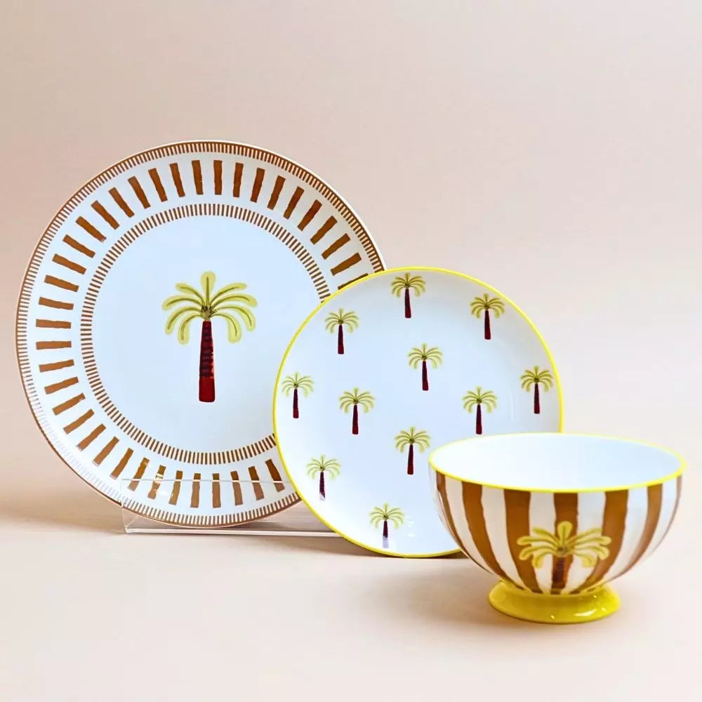 طقم سفرة مخطط (18 قطعة) – أصفر خردلي