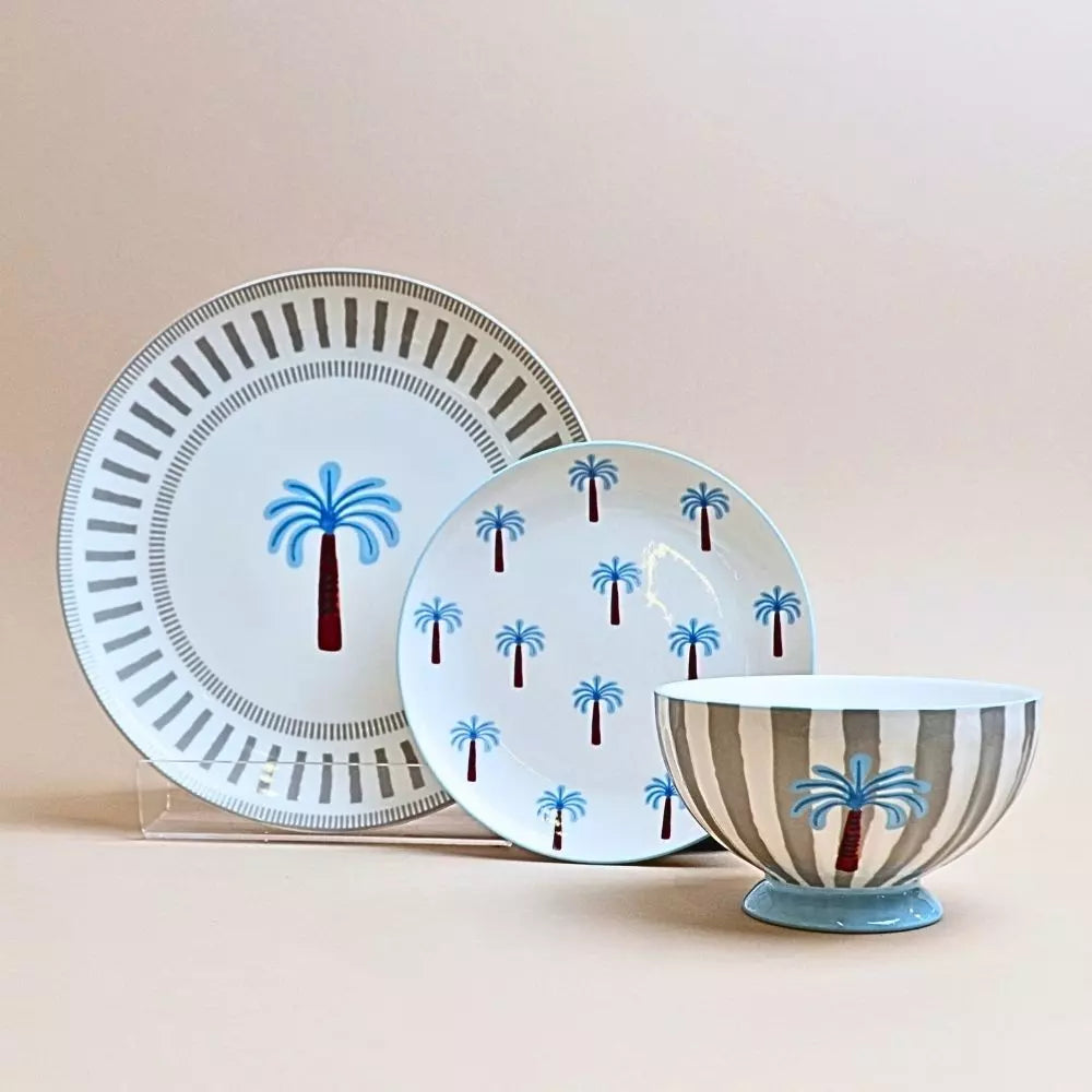 طقم سفرة مخطط (18 قطعة) – رمادي