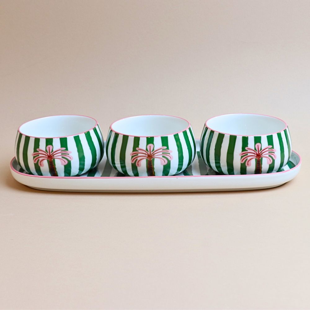 صينية بيضاوية مخططة مع 3 سلطانيات – أخضر