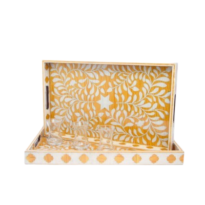 صينية خشبية مطعمة بالأكريليك- ذهبي وفضي