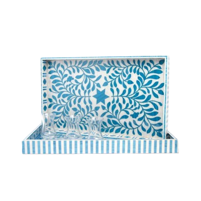 صينية خشبية مطعمة بالأكريليك- أزرق و فضي