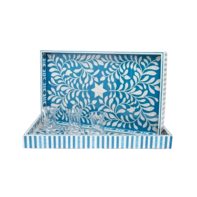 صينية خشبية مطعمة بالأكريليك- أزرق و فضي