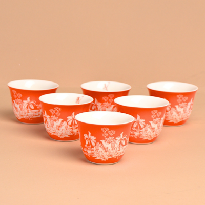 طقم فنجان قهوة عربي بتصميم الجزيرة عدد 6 حبة - برتقالي