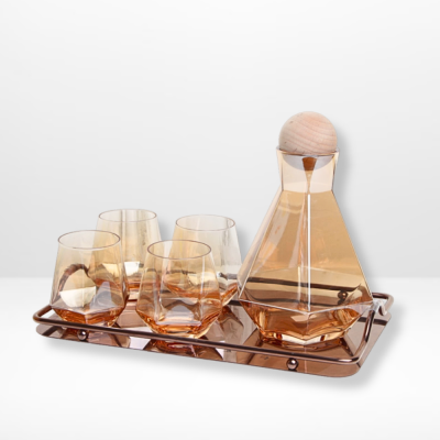 طقم دولكة زجاجية من الكريستال والزجاج مع غطاء خشبي كروي مع 4 أكواب وصينية