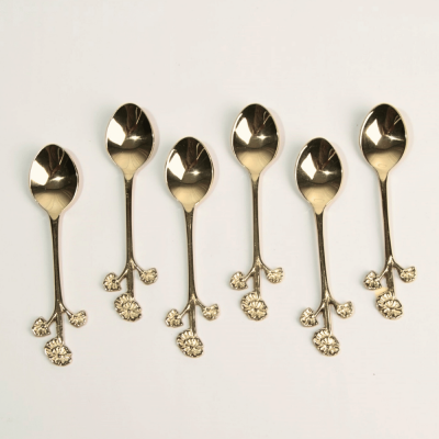 طقم ملاعق شاي فلورا  6 قطع باللون الذهبي اللامع