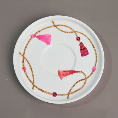 Set of Glass Istikana with pink tassel design Saucer,6 pcs