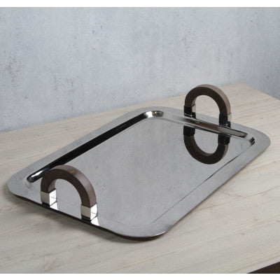 صينية تقديم من الستانلس ستيل بمقبض خشبي