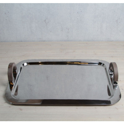 صينية تقديم من الستانلس ستيل بمقبض خشبي