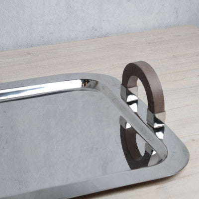 صينية تقديم من الستانلس ستيل بمقبض خشبي