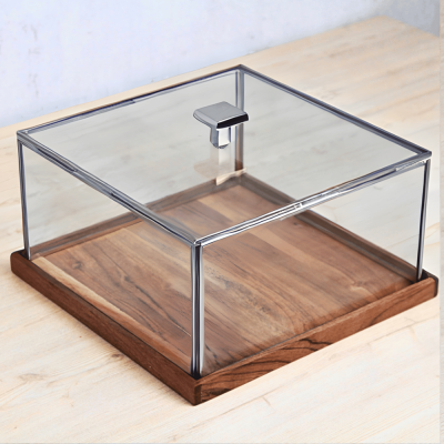 طبق تقديم من الخشب مع غطاء باللون الفضي - كبير