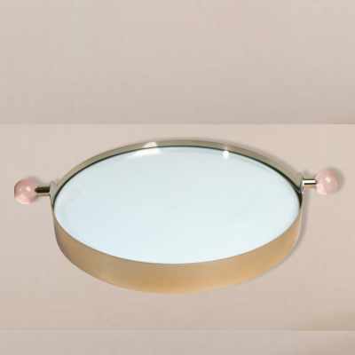 صينية تقديم بمرآة من الستانلس ستيل مع مقبض كروي من الأكريليك باللون الوردي