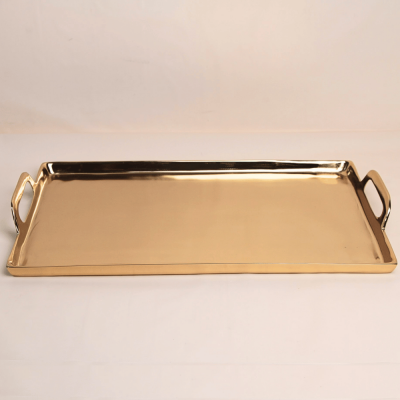 صينية مستطيلة من الستانلس ستيل باللون الذهبي- كبير