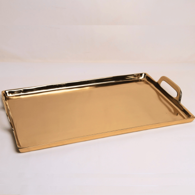 صينية مستطيلة من الستانلس ستيل باللون الذهبي- كبير