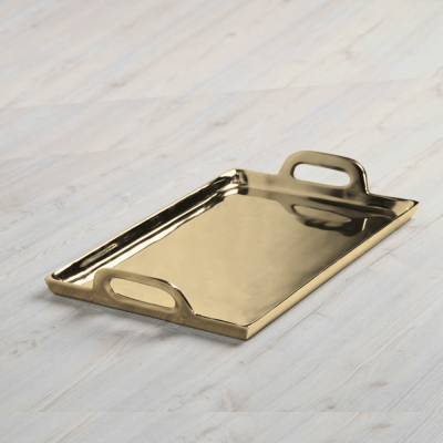 صينية مستطيلة من الستانلس ستيل باللون الذهبي - وسط
