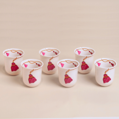 طقم فناجين قهوة عربية طويلة بتصميم كراكش - وردي