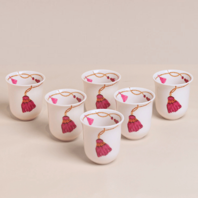 طقم فناجين قهوة عربية طويلة بتصميم كراكش - وردي