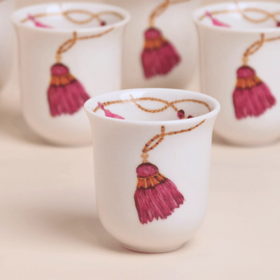 طقم فناجين قهوة عربية طويلة بتصميم كراكش - وردي