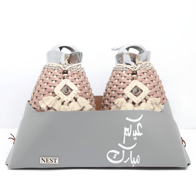 طقم مطارات رزان مع سلة جلد -  وردي