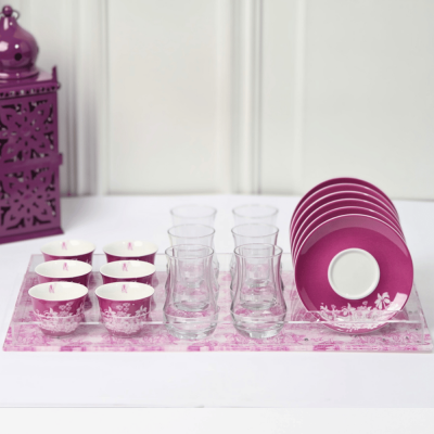 طقم استكانات شاي و فناجين قهوة عربية مع بوكس اكريليك - بنفسجي