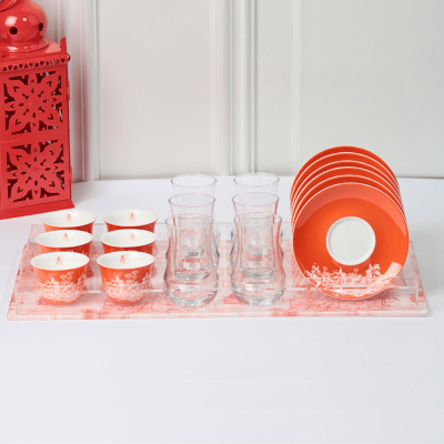 طقم استكانات شاي و فناجين قهوة عربية مع بوكس اكريليك - برتقالي