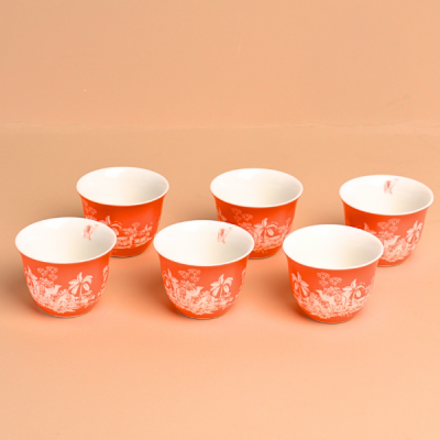 طقم فنجان قهوة عربي بتصميم الجزيرة عدد 6 حبة - برتقالي