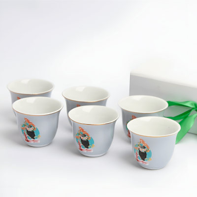 طقم فنجان قهوة عربي لون ازرق فاتح بتصميم الدلة عدد 6 حبة