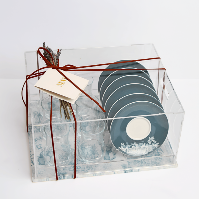 طقم استكانات شاي مع بوكس اكريليك - أزرق