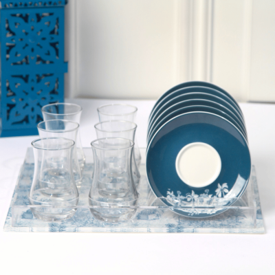 طقم استكانات شاي مع بوكس اكريليك - أزرق