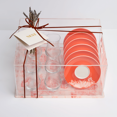 طقم استكانات شاي مع بوكس اكريليك - برتقالي