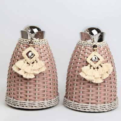 Set Of Razan Thermos With Rattan Tassels - Pink