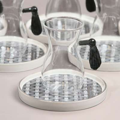 طقم استكانات بتصميم راتان - رمادي