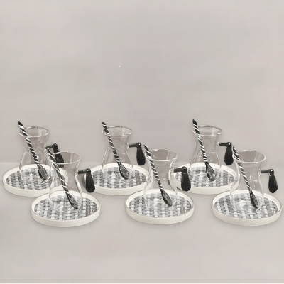 طقم استكانات مع ملاعق شاي بتصميم راتان - رمادي