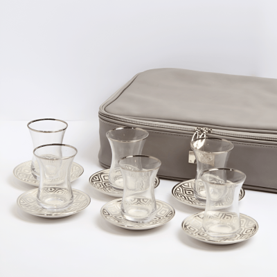 استكانات مع حقيبه جلد رمادي - طقم 6 استكانات