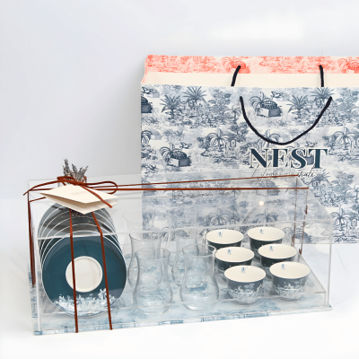 طقم استكانات شاي و فناجين قهوة عربية مع بوكس اكريليك - أزرق