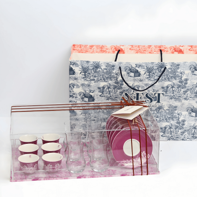 طقم استكانات شاي و فناجين قهوة عربية مع بوكس اكريليك - بنفسجي