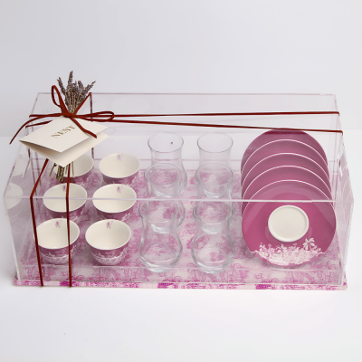 طقم استكانات شاي و فناجين قهوة عربية مع بوكس اكريليك - بنفسجي