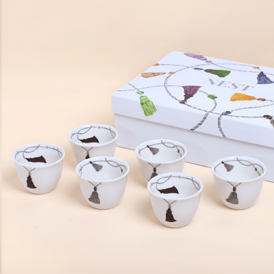 طقم فناجين قهوة عربية بتصميم كراكش - رمادي/أسود