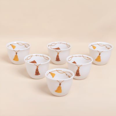 طقم فناجين قهوة عربية طويلة بتصميم كراكش - كركمي/بني