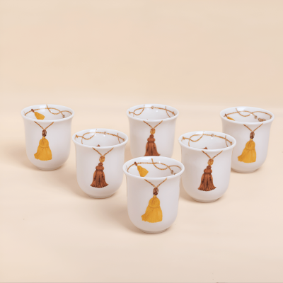 طقم فناجين قهوة عربية طويلة بتصميم كراكش - كركمي/بني