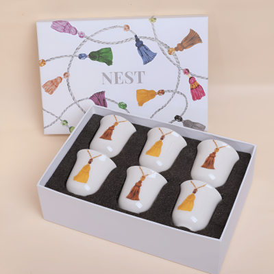 طقم فناجين قهوة عربية طويلة بتصميم كراكش - كركمي/بني