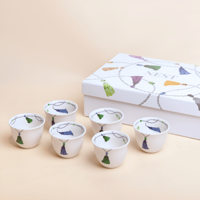 طقم فناجين قهوة عربية بتصميم كراكش - أخضر/أزرق