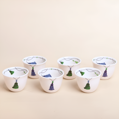 طقم فناجين قهوة عربية بتصميم كراكش - أخضر/أزرق