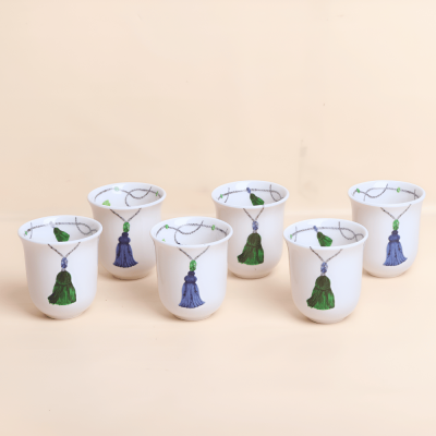 طقم فناجين قهوة عربية طويلة بتصميم كراكش - أخضر