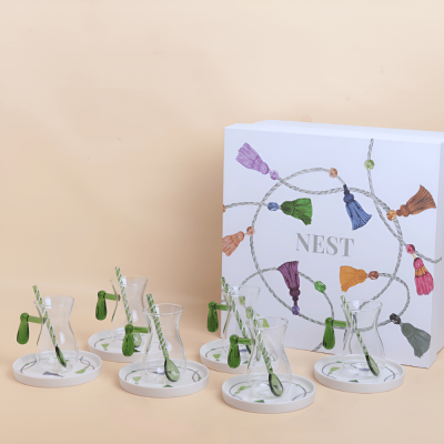 طقم استكانات مع ملاعق شاي بتصميم كراكش - أخضر