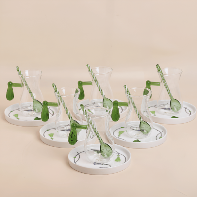 طقم استكانات مع ملاعق شاي بتصميم كراكش - أخضر