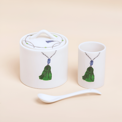 سكرية مع حامل لملاعق الشاي - أخضر/أزرق