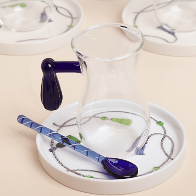 طقم استكانات مع ملاعق شاي بتصميم كراكش -أزرق