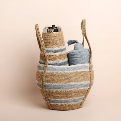 مجموعة سلال يدوية مخططة - أزرق فاتح / بيج